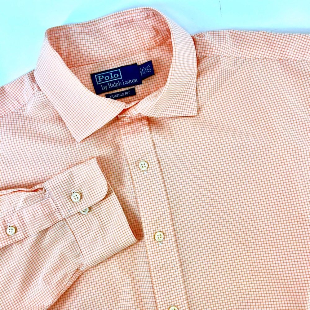 Polo Ralph Lauren Classic Fit Orange White Check Dress Shirt Mens XL 17.5 36/37